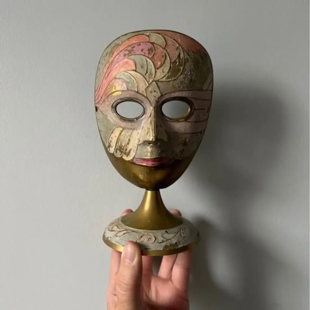 Vintage Multi-colored Painted Brass Standing Mask